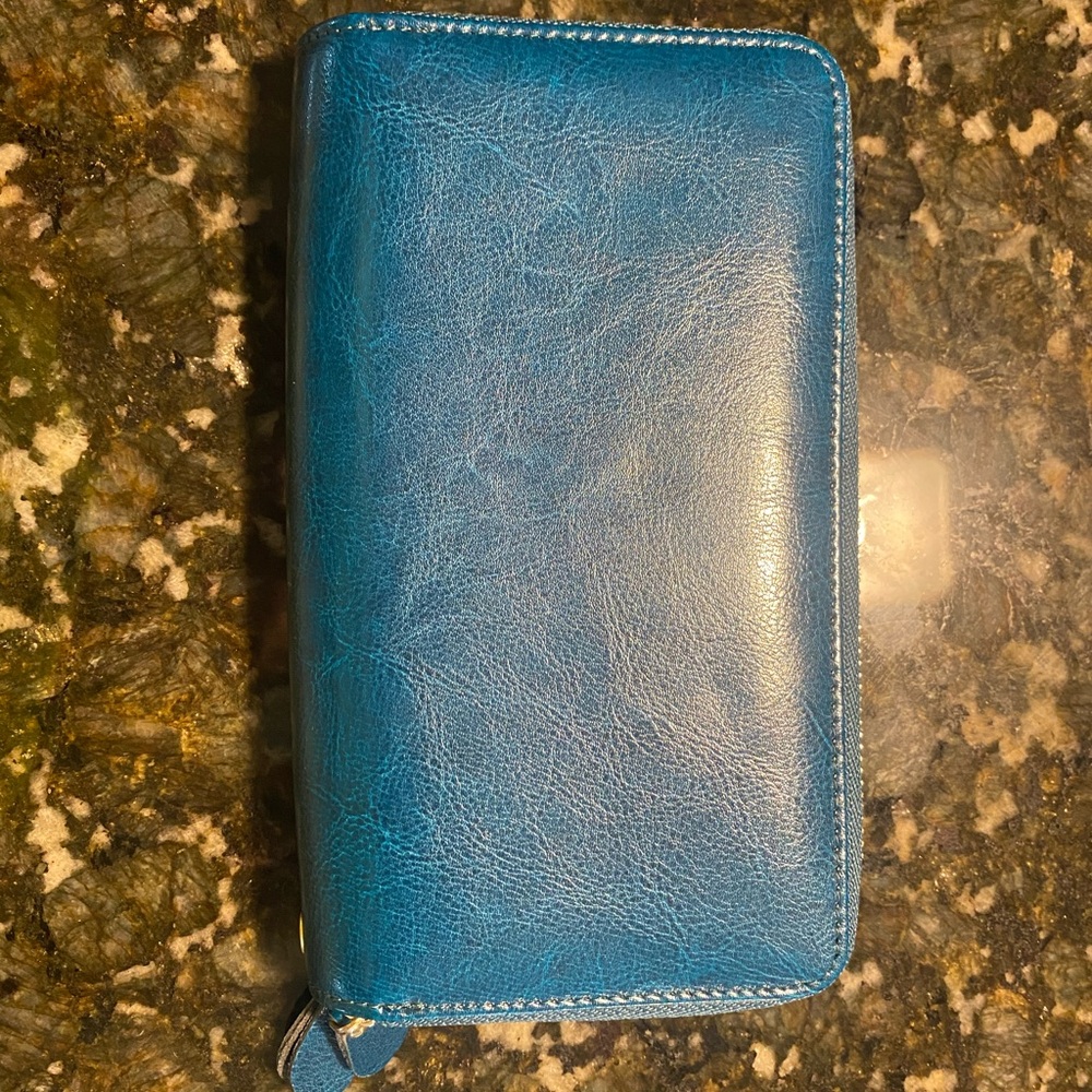 Blue Leather Double zipper Wallet Large size